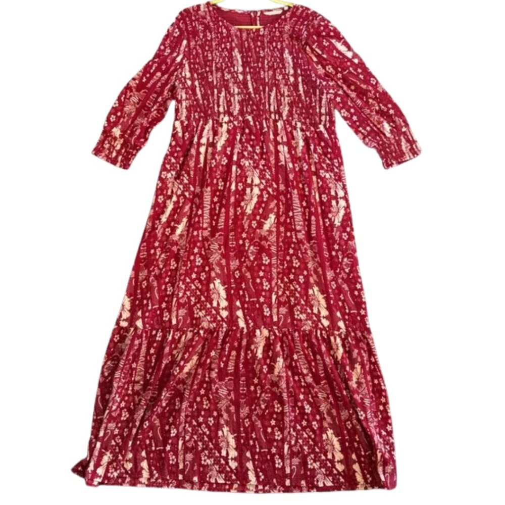 Like New Soft Surroundings Lined RedWhite 3/4 Sleeve Floral Smocked Maxi Sz 16